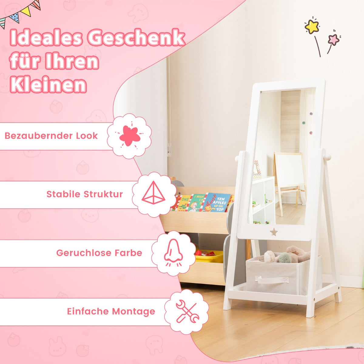 Kids Full-Length Standing Mirror – 360 Rotating, Storage Shelf