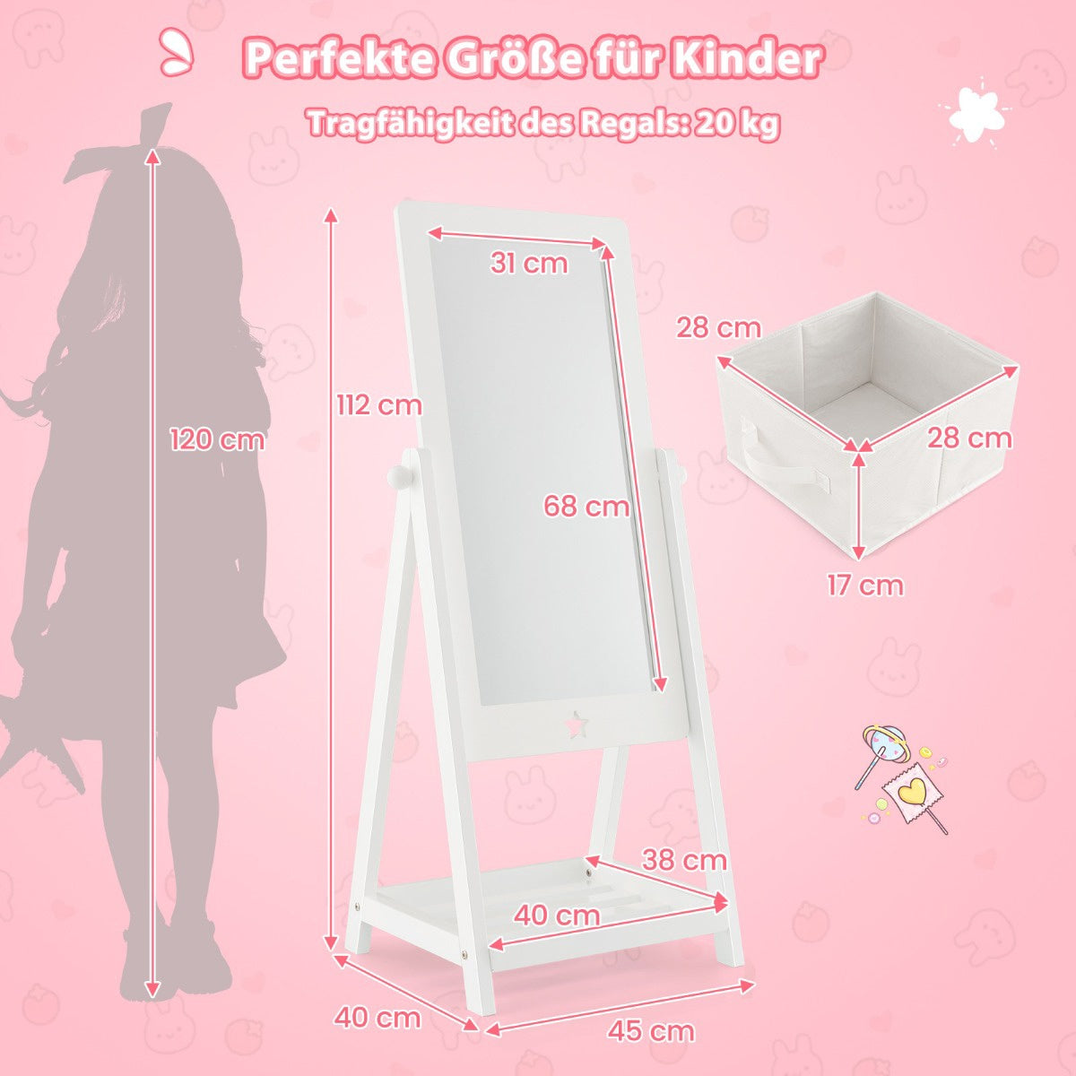 Kids Full-Length Standing Mirror – 360 Rotating, Storage Shelf