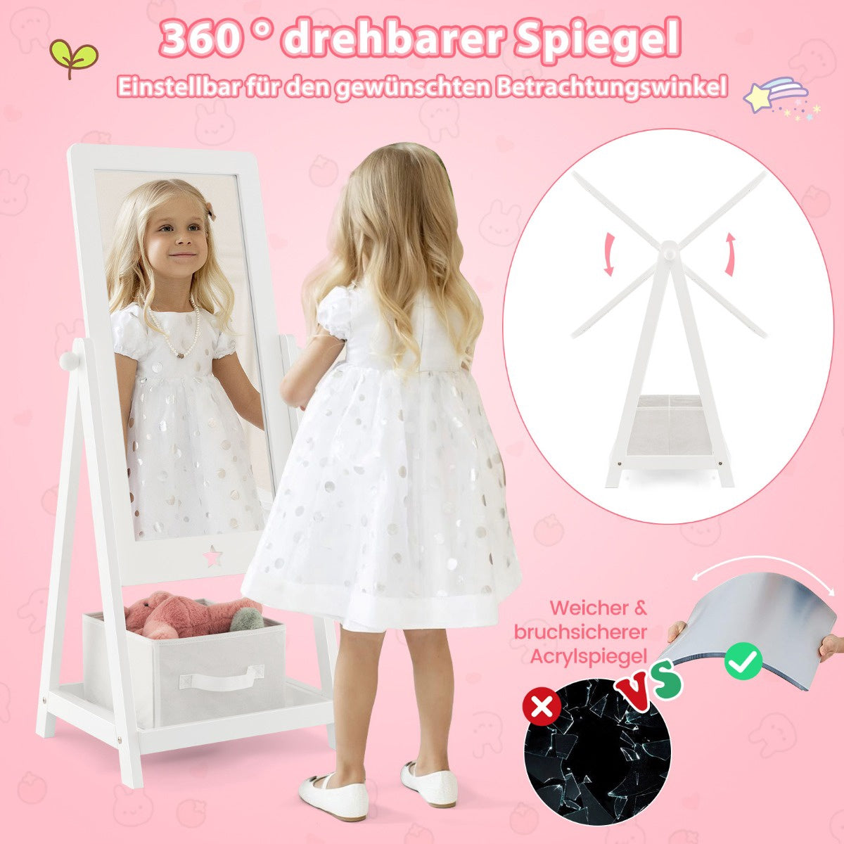 Kids Full-Length Standing Mirror – 360 Rotating, Storage Shelf