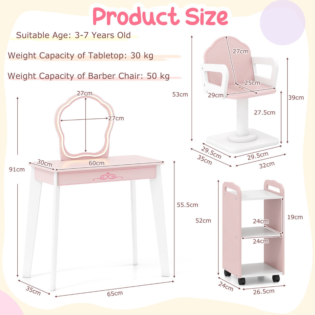 Kids Hair Salon Playset with LED Mirror, Chair, Pink