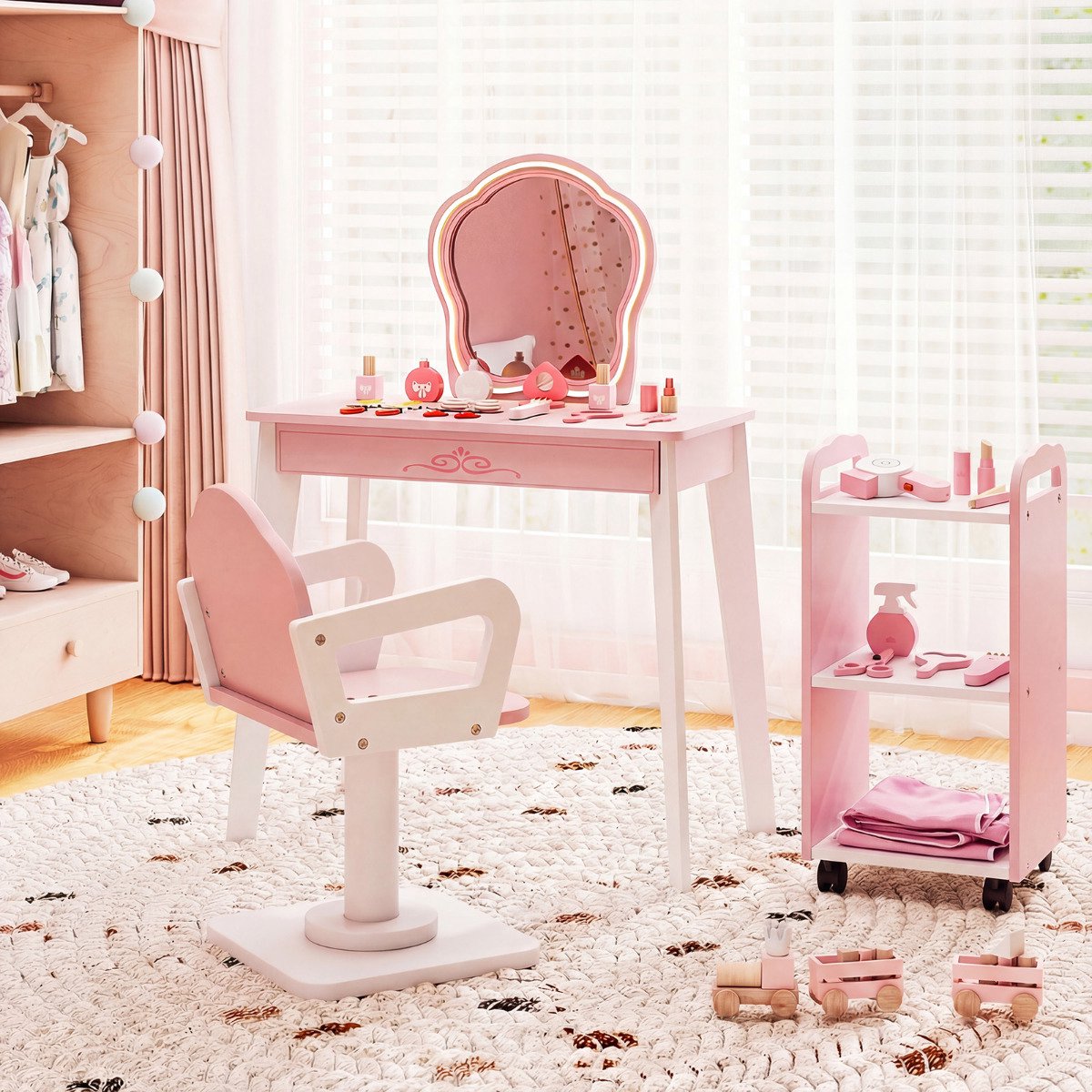 Kids Hair Salon Playset with LED Mirror, Chair, Pink