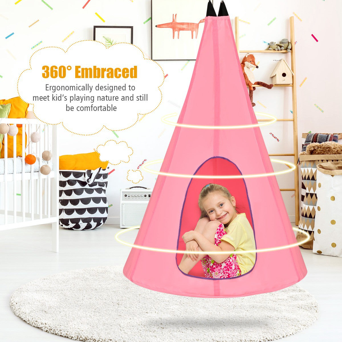 Kids Hanging Nest Swing Chair, 40 Inch, Pink, Indoor Outdoor