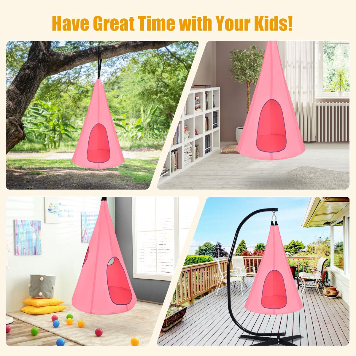Kids Hanging Nest Swing Chair, 40 Inch, Pink, Indoor Outdoor