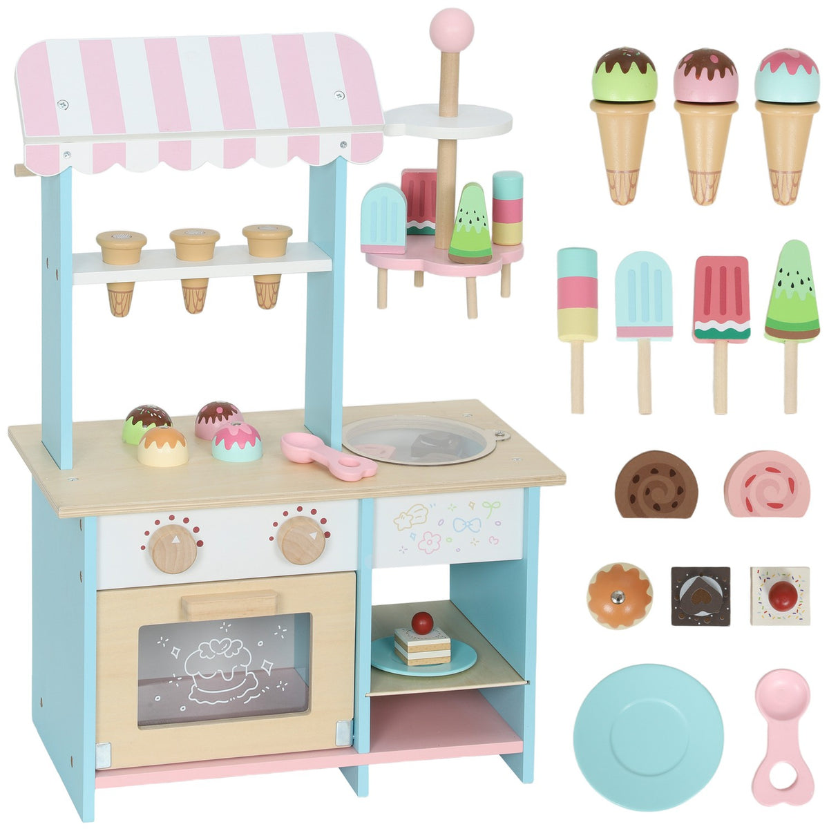 Kids Ice Cream Cart with 17 Accessories – MDF, Light Blue