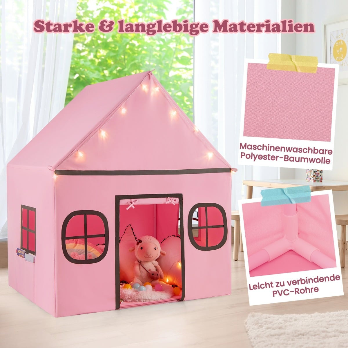 Kids Indoor Playhouse Tent with Star Lights & Mat