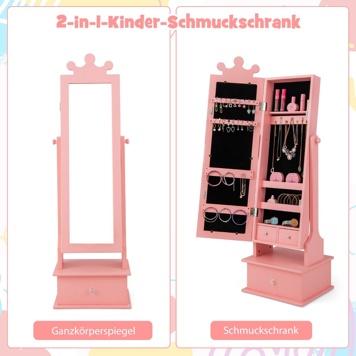 Kids Jewelry Armoire With Full-Length Mirror, Drawers, Pink
