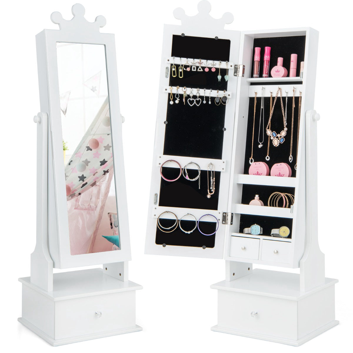 Kids Jewelry Armoire With Full-Length Mirror, Drawers, Pink/White