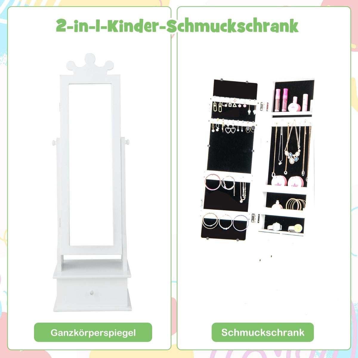 Kids Jewelry Armoire With Full-Length Mirror, Drawers, Pink/White