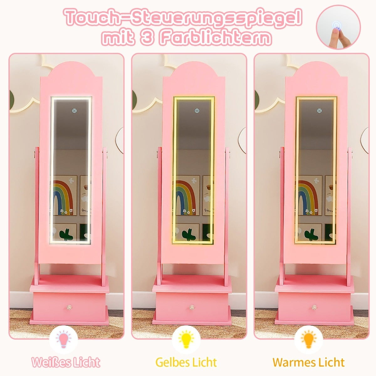Kids Jewelry Cabinet with Mirror and LED Lights, Pink