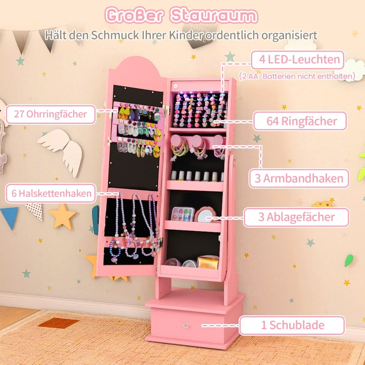 Kids Jewelry Cabinet with Mirror and LED Lights, Pink