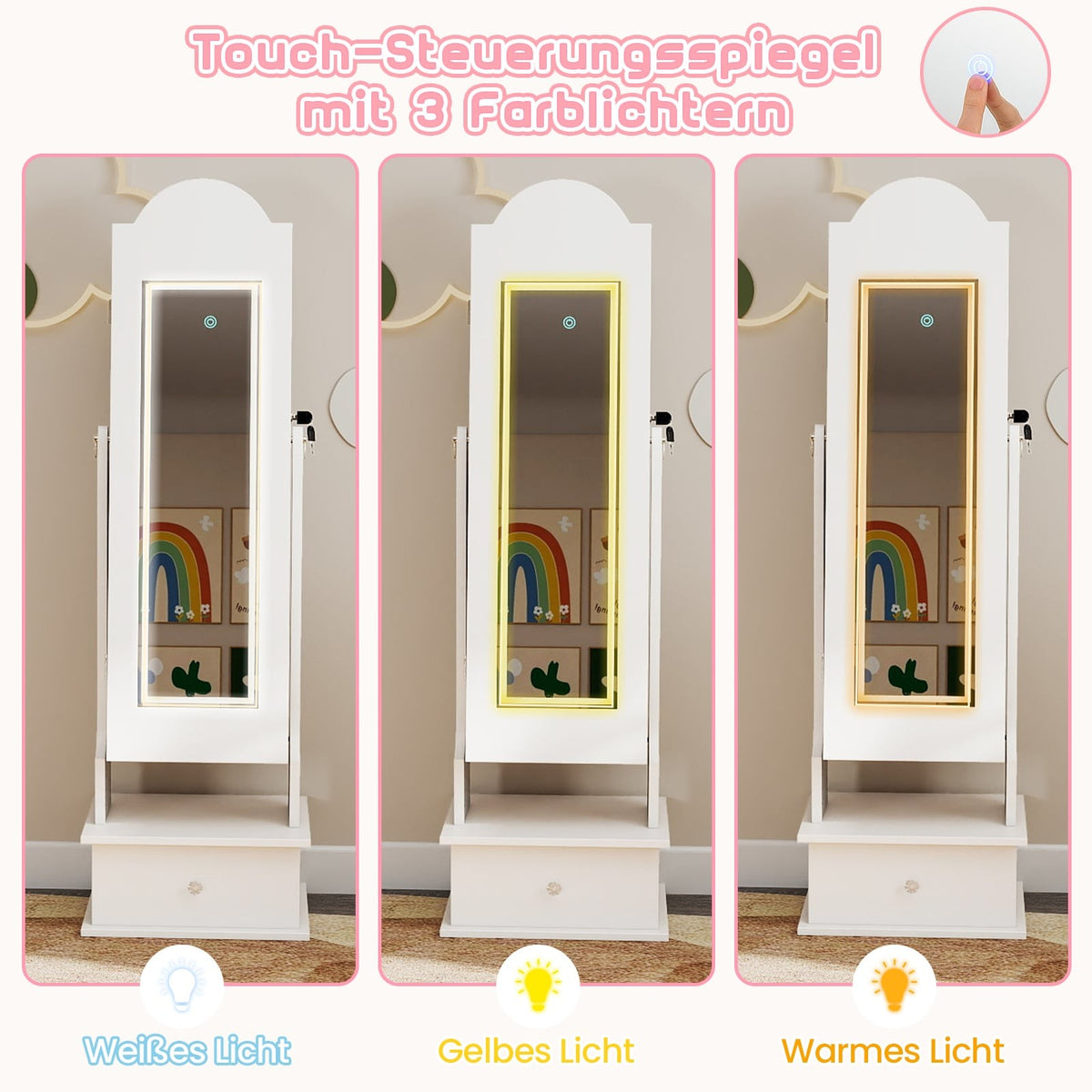 Kids Jewelry Cabinet with Mirror and LED Lights, White