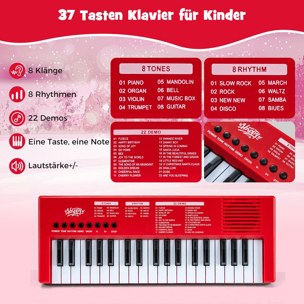 Kids Keyboard Piano, 37 Keys, 8 Rhythms, Red, with Mic