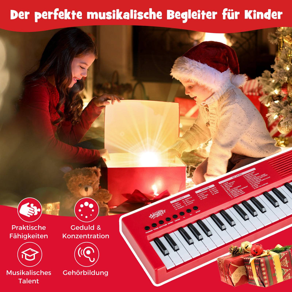 Kids Keyboard Piano, 37 Keys, 8 Rhythms, Red, with Mic