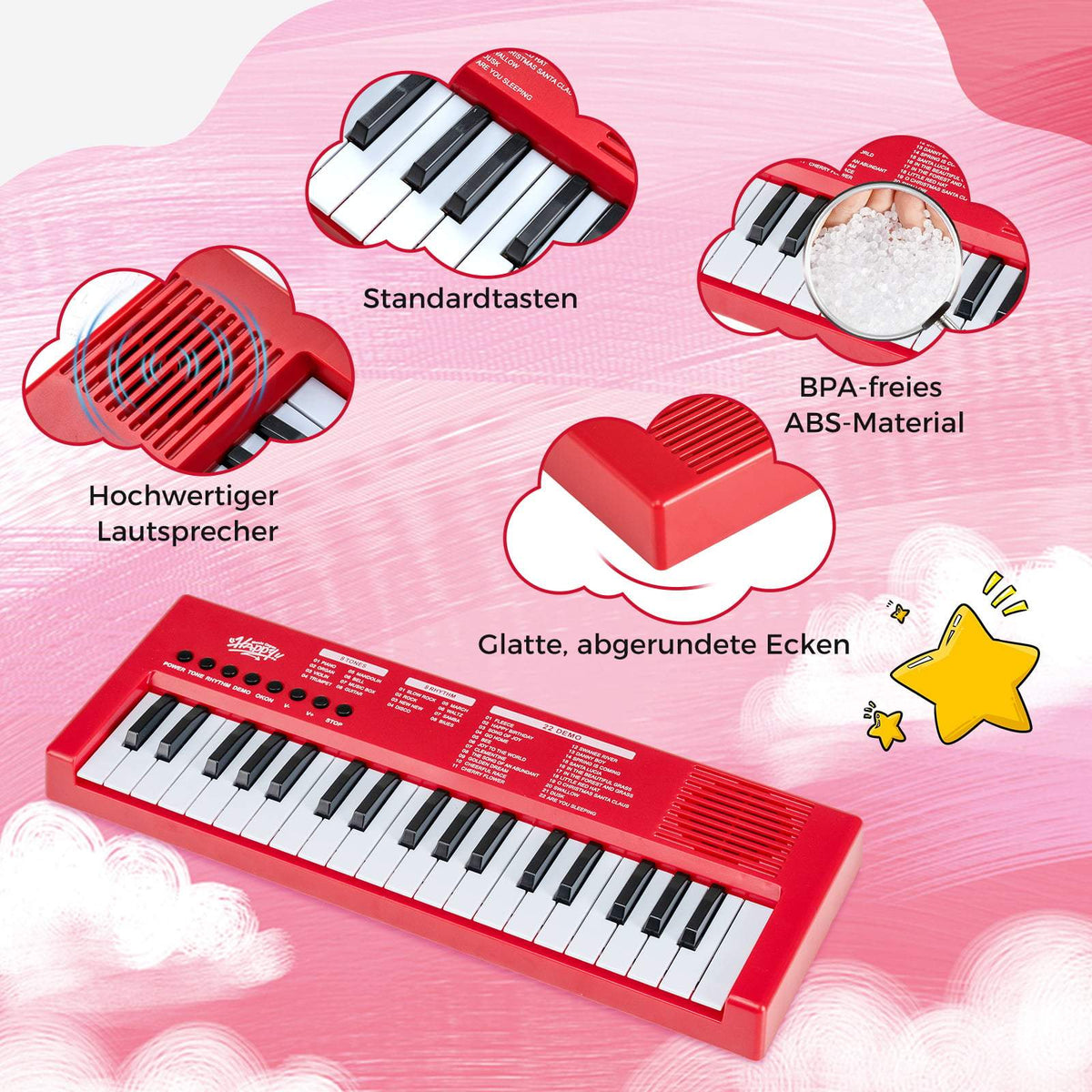 Kids Keyboard Piano, 37 Keys, 8 Rhythms, Red, with Mic