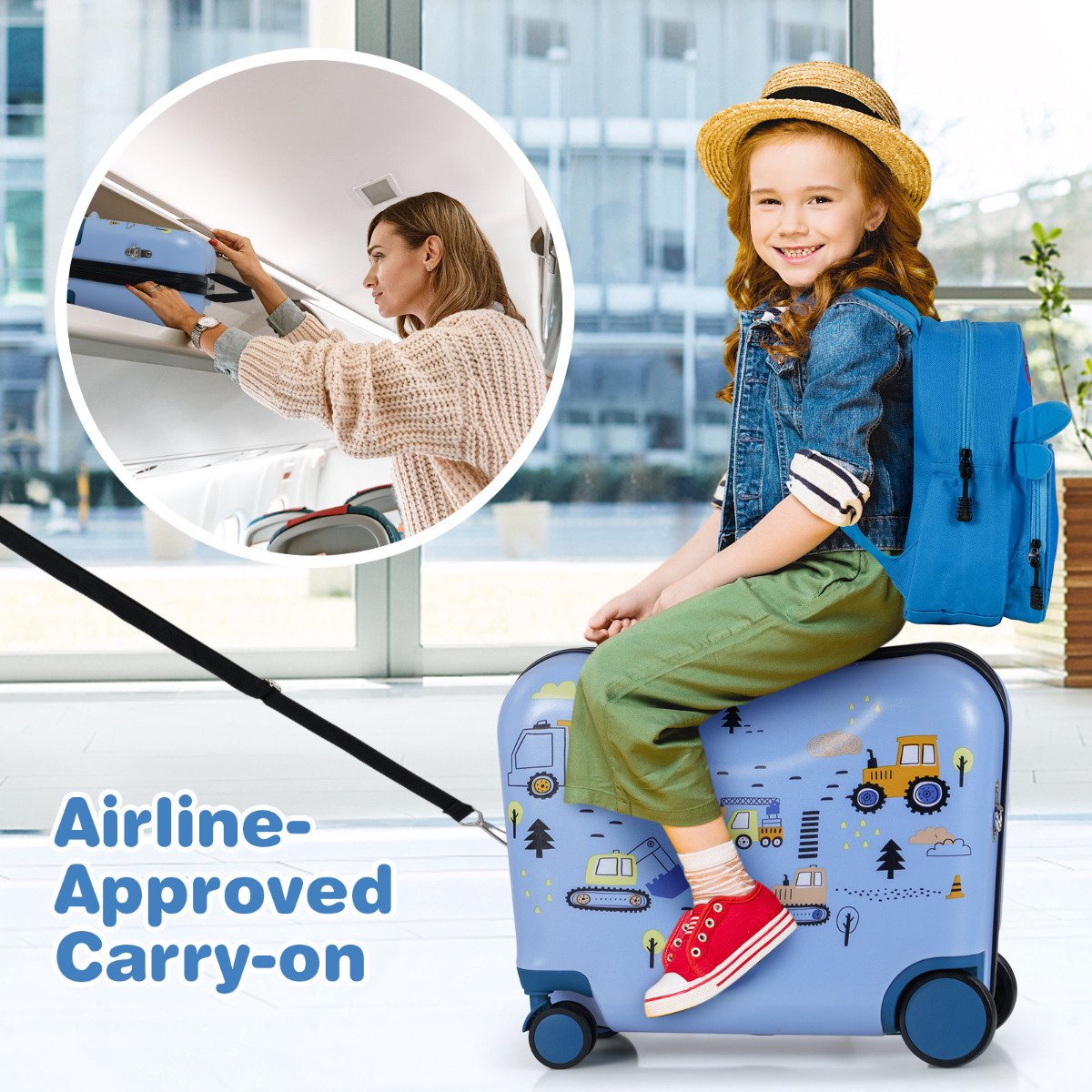 Kids Luggage Set, 18in Ride-On Suitcase, 12in Backpack, Spinner Wheels