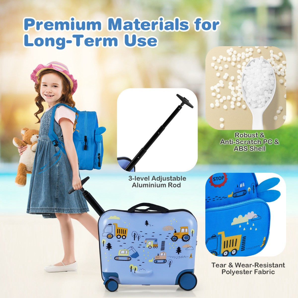 Kids Luggage Set, 18in Ride-On Suitcase, 12in Backpack, Spinner Wheels