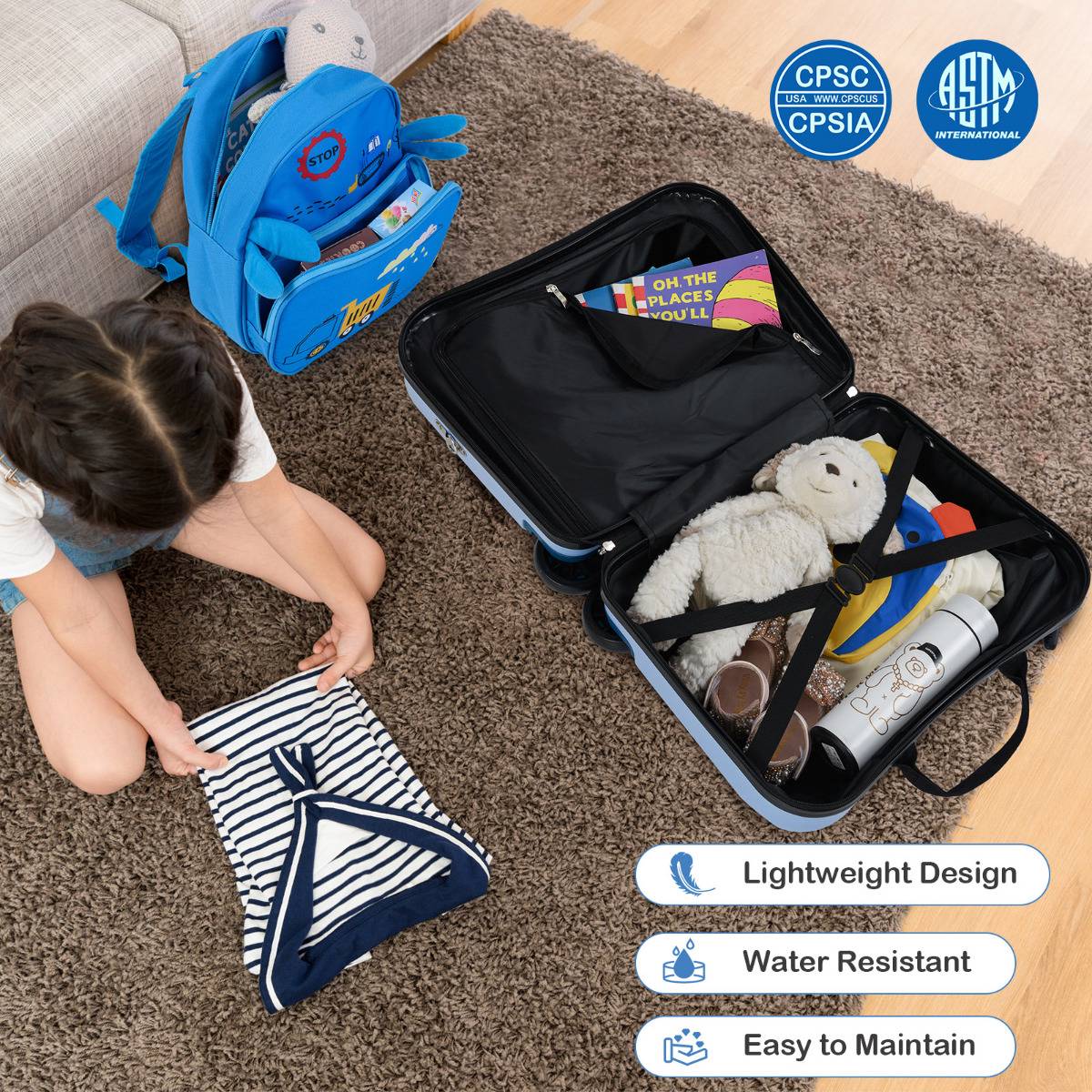 Kids Luggage Set, 18in Ride-On Suitcase, 12in Backpack, Spinner Wheels