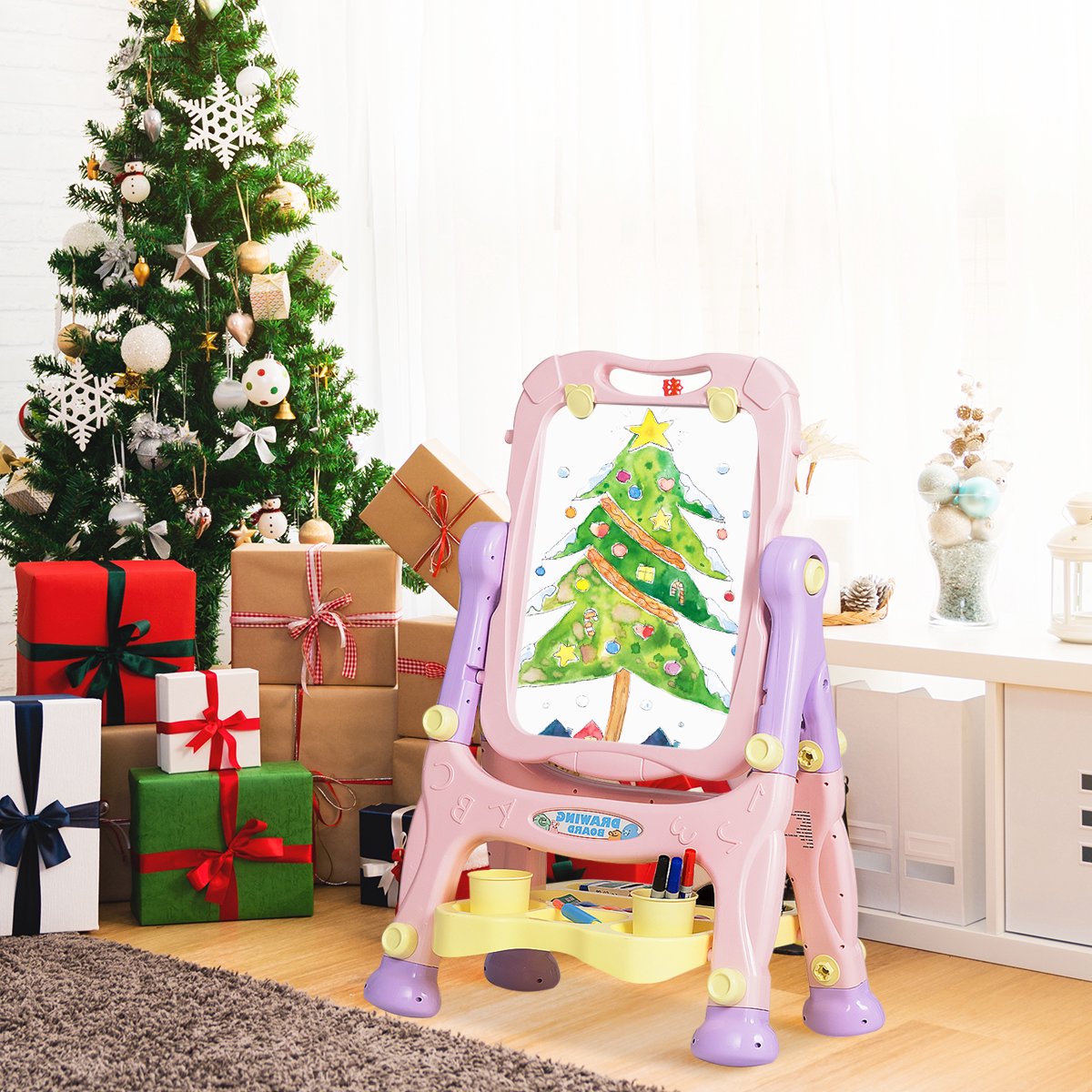 Kids Magnetic Easel, Double-Sided Whiteboard Chalkboard, Purple