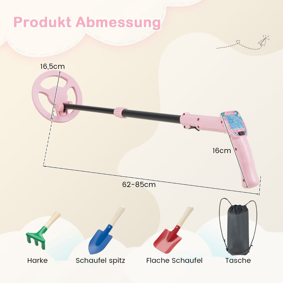 Kids Metal Detector, Adjustable 62–85 cm, LCD, Pink