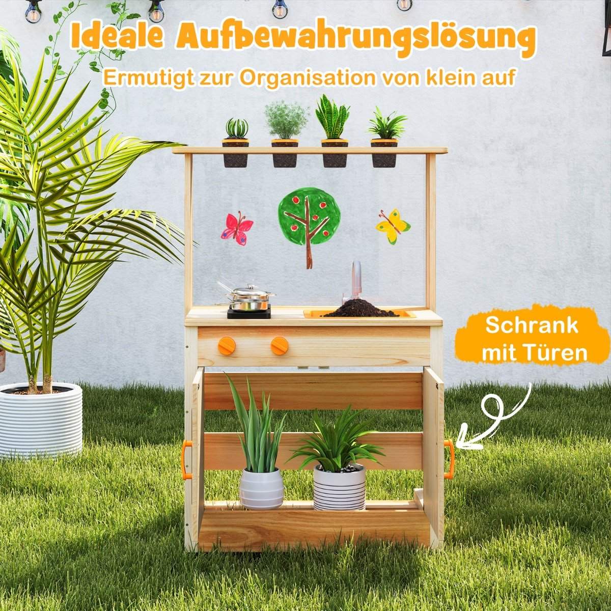 Kids Mud Kitchen with Plant Pots & Cookware & Stoves Wooden Play Kitchen Playset
