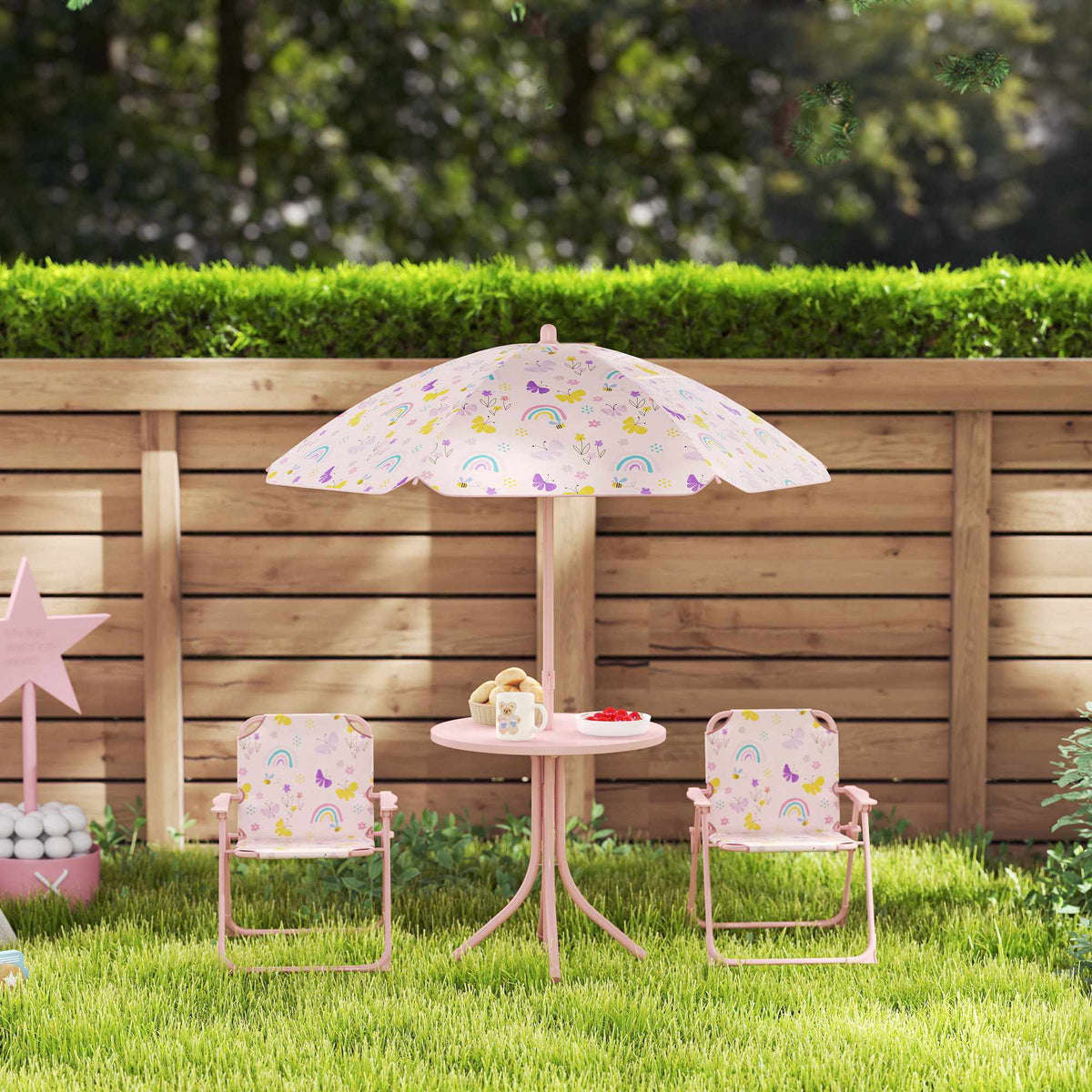 Kids Outdoor Furniture Set with Umbrella – Pink, Foldable