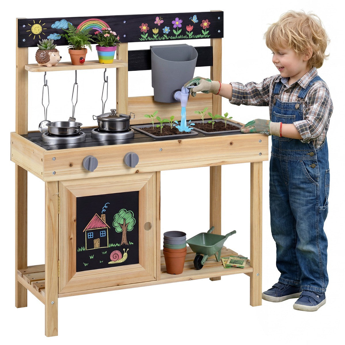 Kids Outdoor Mud Kitchen, Water Tank, 2 Sinks, Chalkboards