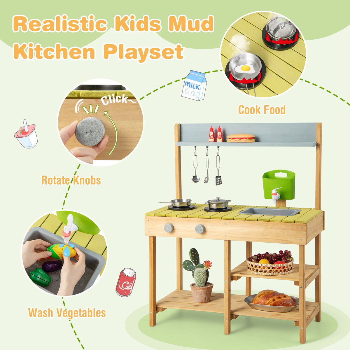 Kids Outdoor Play Kitchen With Stove Top, Wood, Age 3+