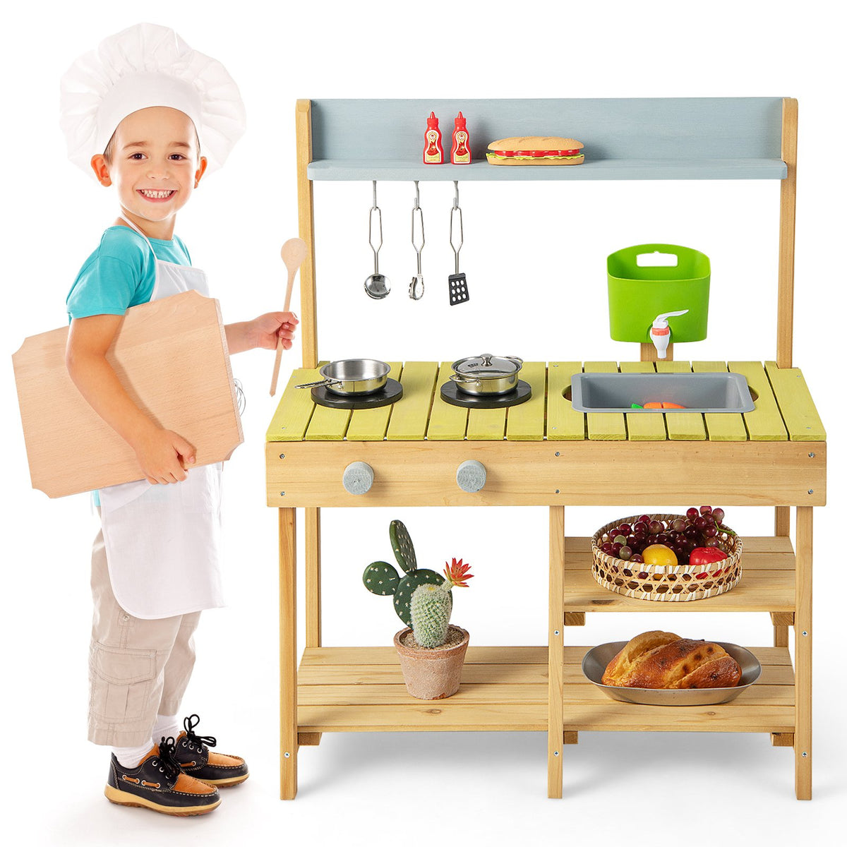 Kids Outdoor Play Kitchen With Stove Top, Wood, Age 3+