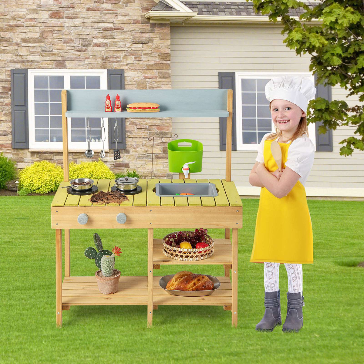Kids Outdoor Play Kitchen With Stove Top, Wood, Age 3+