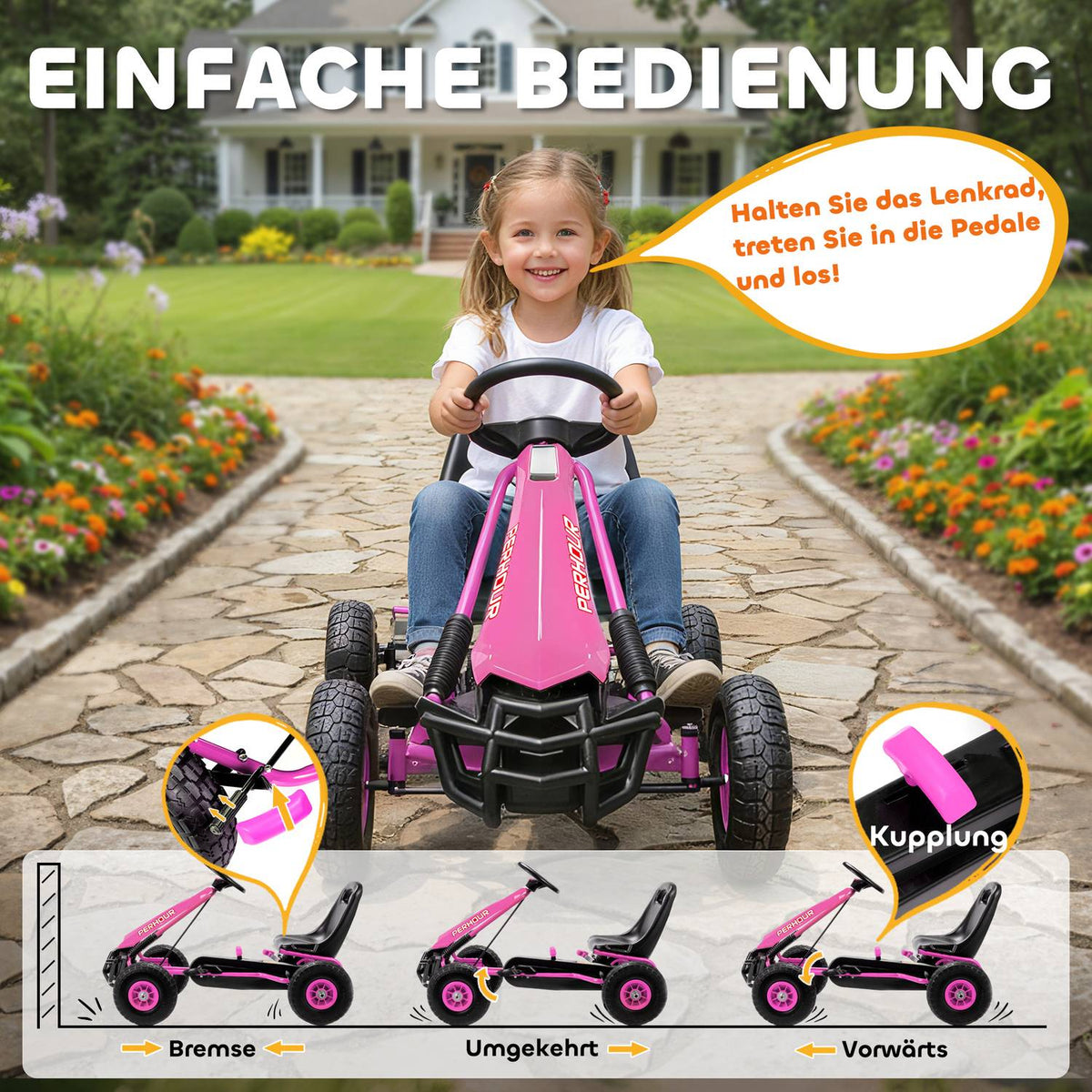 Kids Pedal Go-Kart, Adjustable Seat, EVA Wheels, Ages 3-8