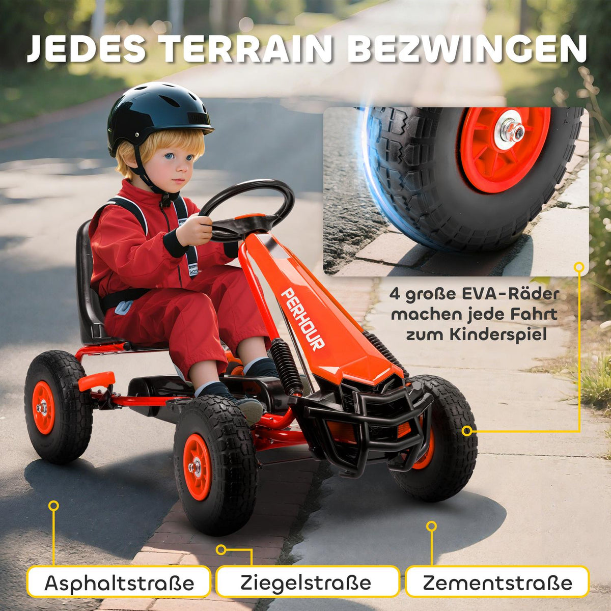 Kids Pedal Go-Kart, Adjustable Seat, EVA Wheels, Ages 3-8