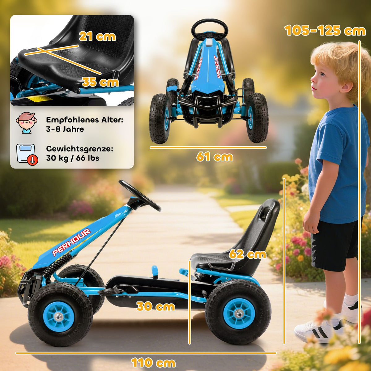 Kids Pedal Go-Kart, Adjustable Seat, EVA Wheels, Ages 3-8