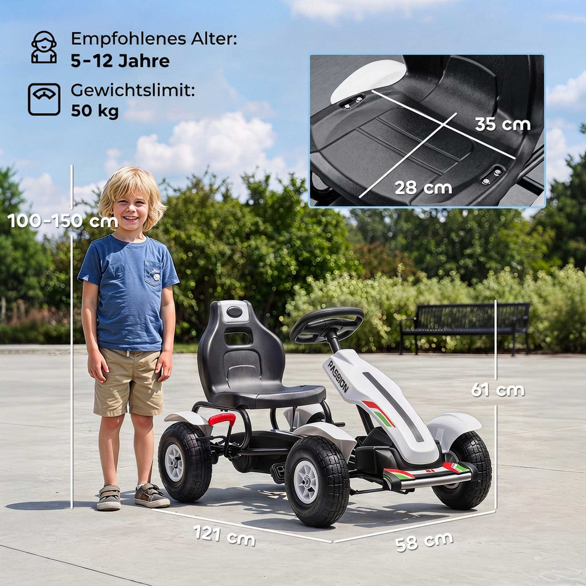 Kids Pedal Go-Kart with Adjustable Seat & Handbrake, White