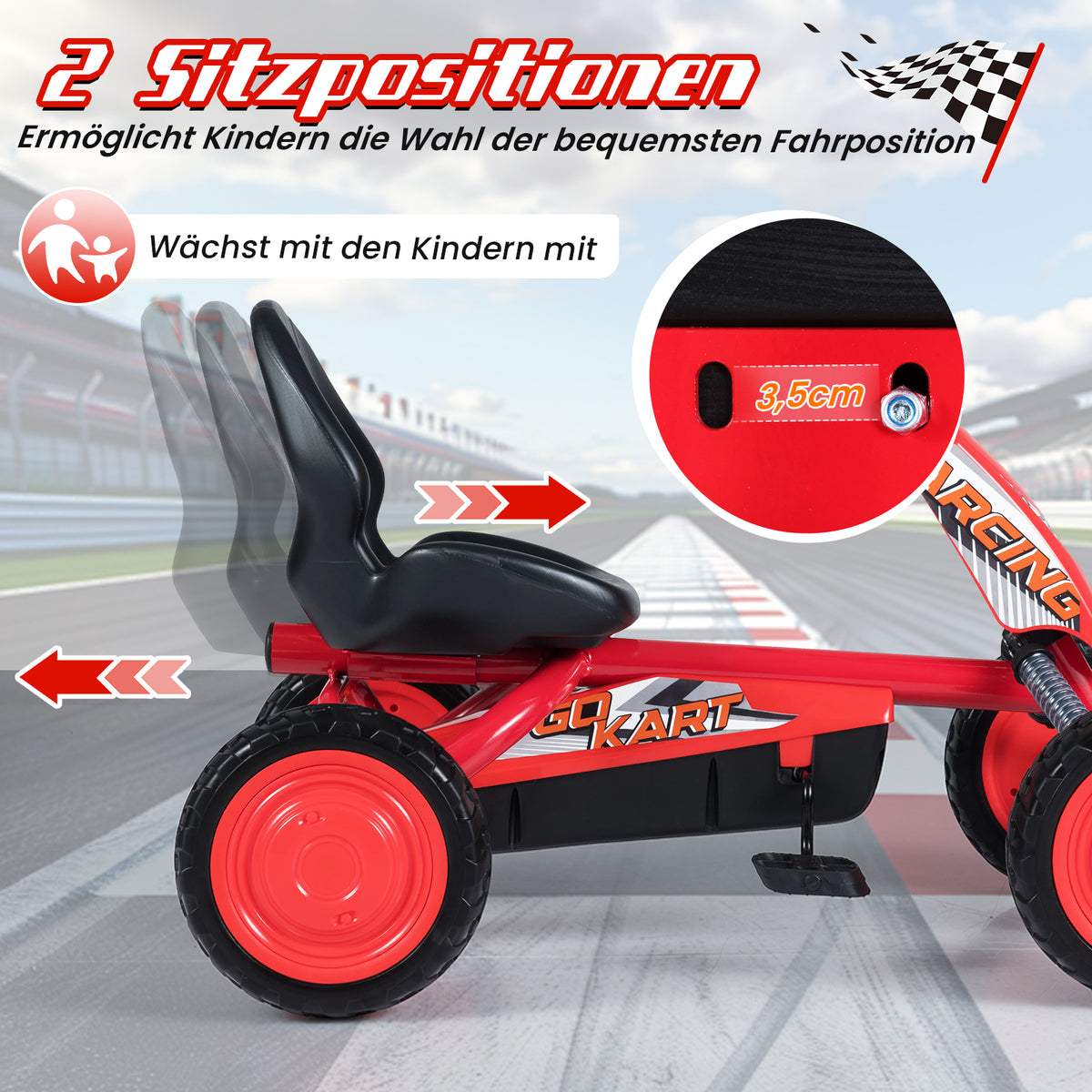 Kids Pedal Go-Kart with Adjustable Seat, Red, Ages 3-8