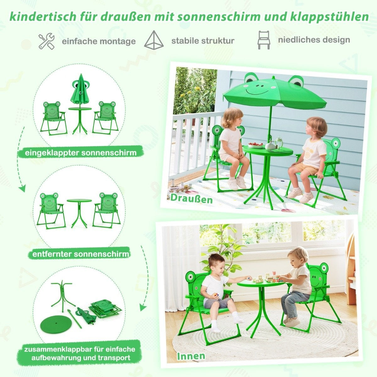 Kids' Picnic Set with Umbrella – 4-Piece Folding Table & Chairs