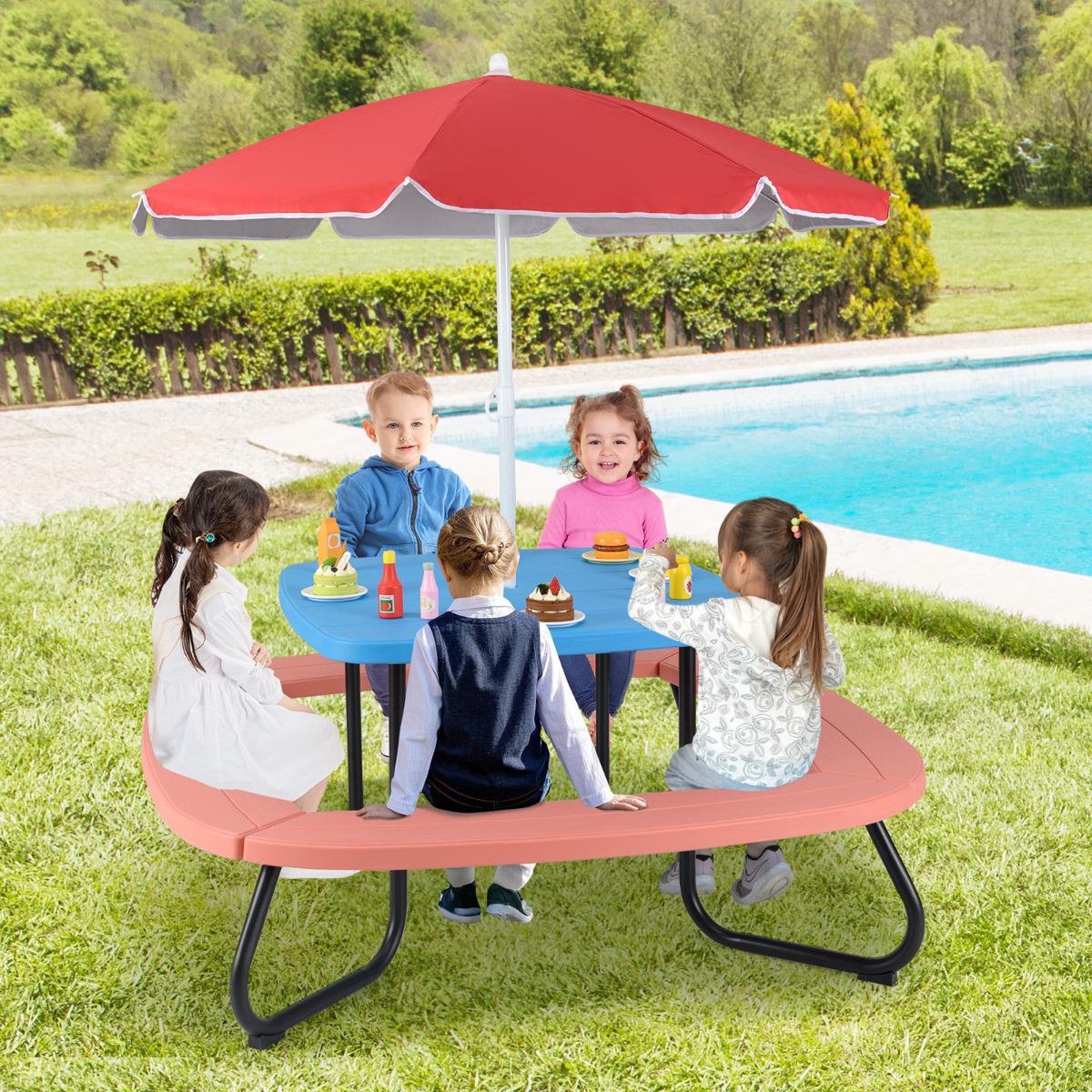 Kids Picnic Table Set, Seats 8, Adjustable Umbrella