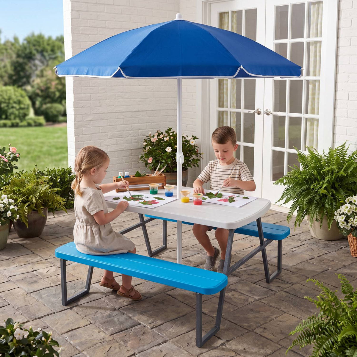 Kids Picnic Table Set with Adjustable Umbrella, Blue