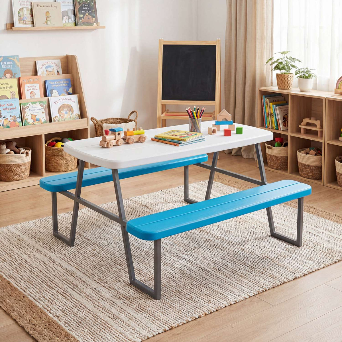 Kids Picnic Table Set with Adjustable Umbrella, Blue