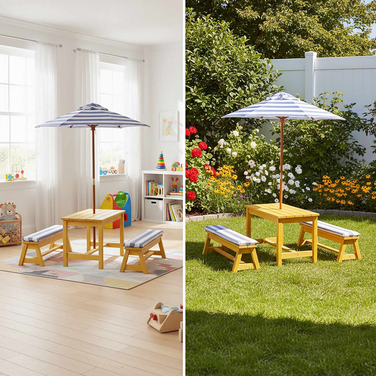 Kids' Picnic Table Set with Parasol and Cushions