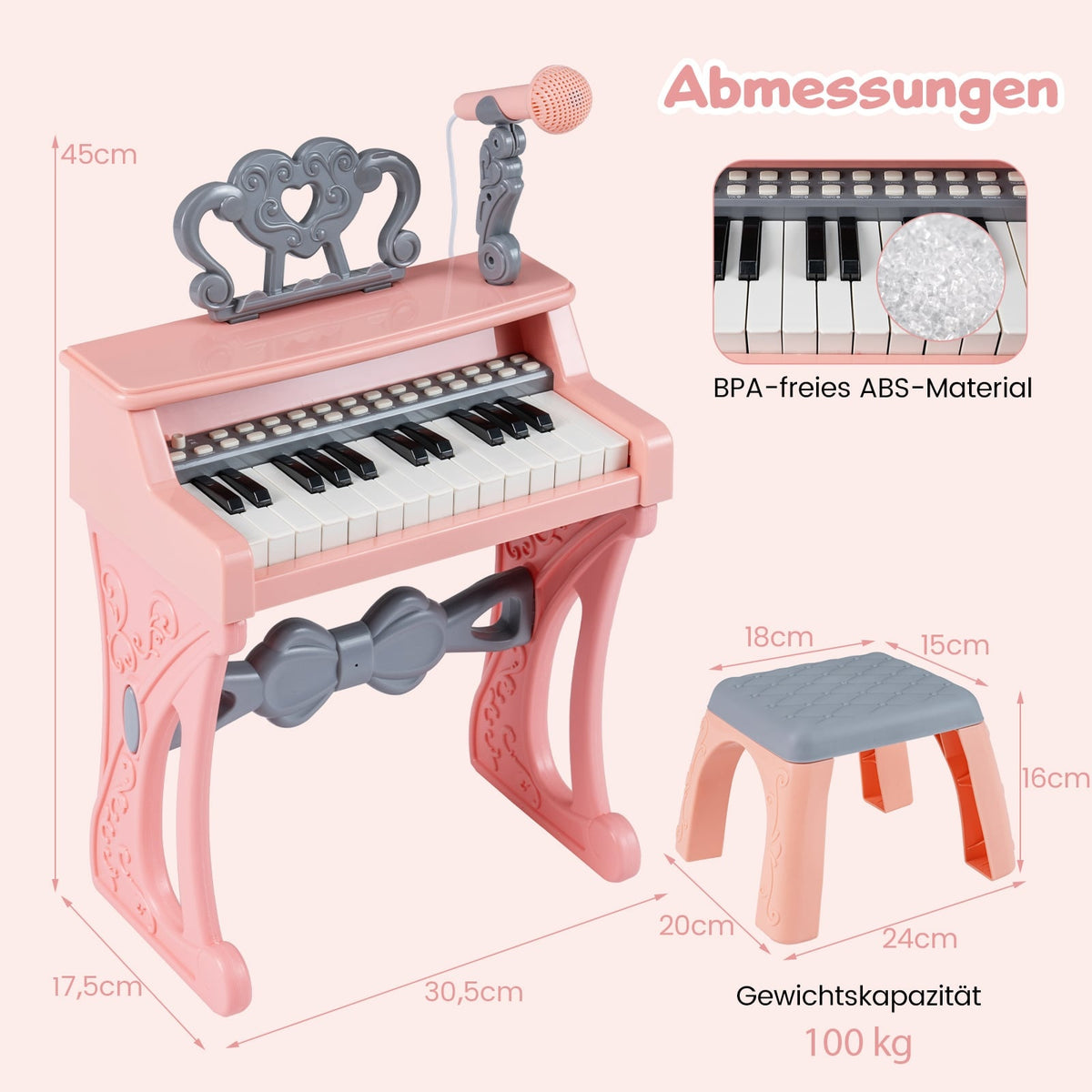 Kids Pink 25-Key Keyboard with Stool & Microphone