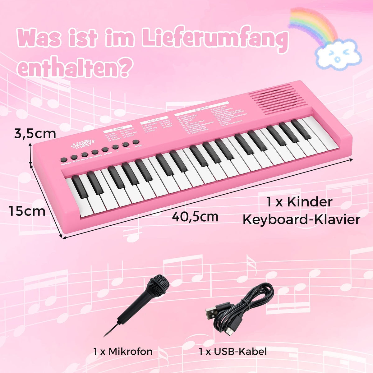 Kids' Pink Keyboard Piano, 37 Keys, 8 Rhythms, USB & Battery