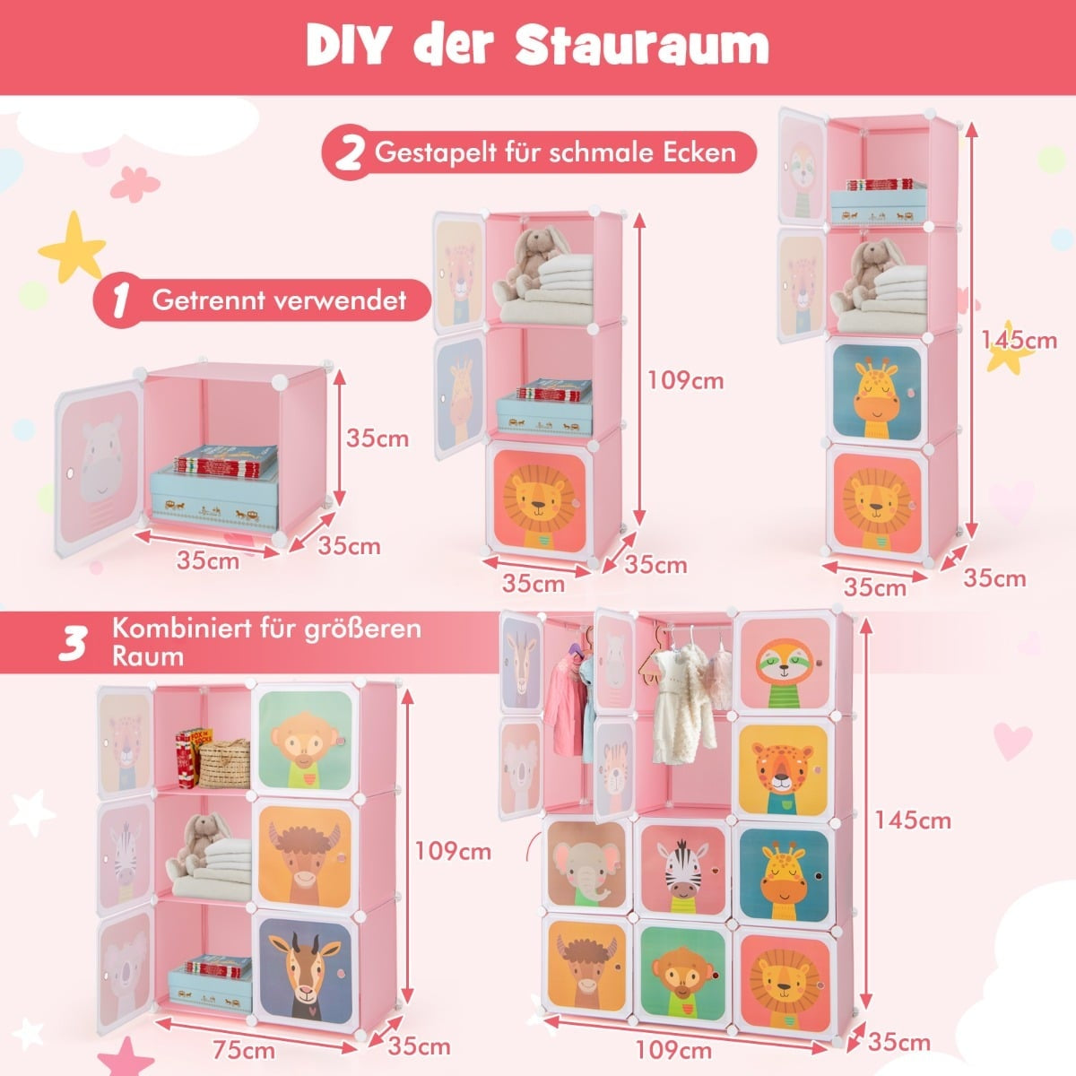 Kids Plastic Wardrobe with 12 Cubes and Doors, Pink