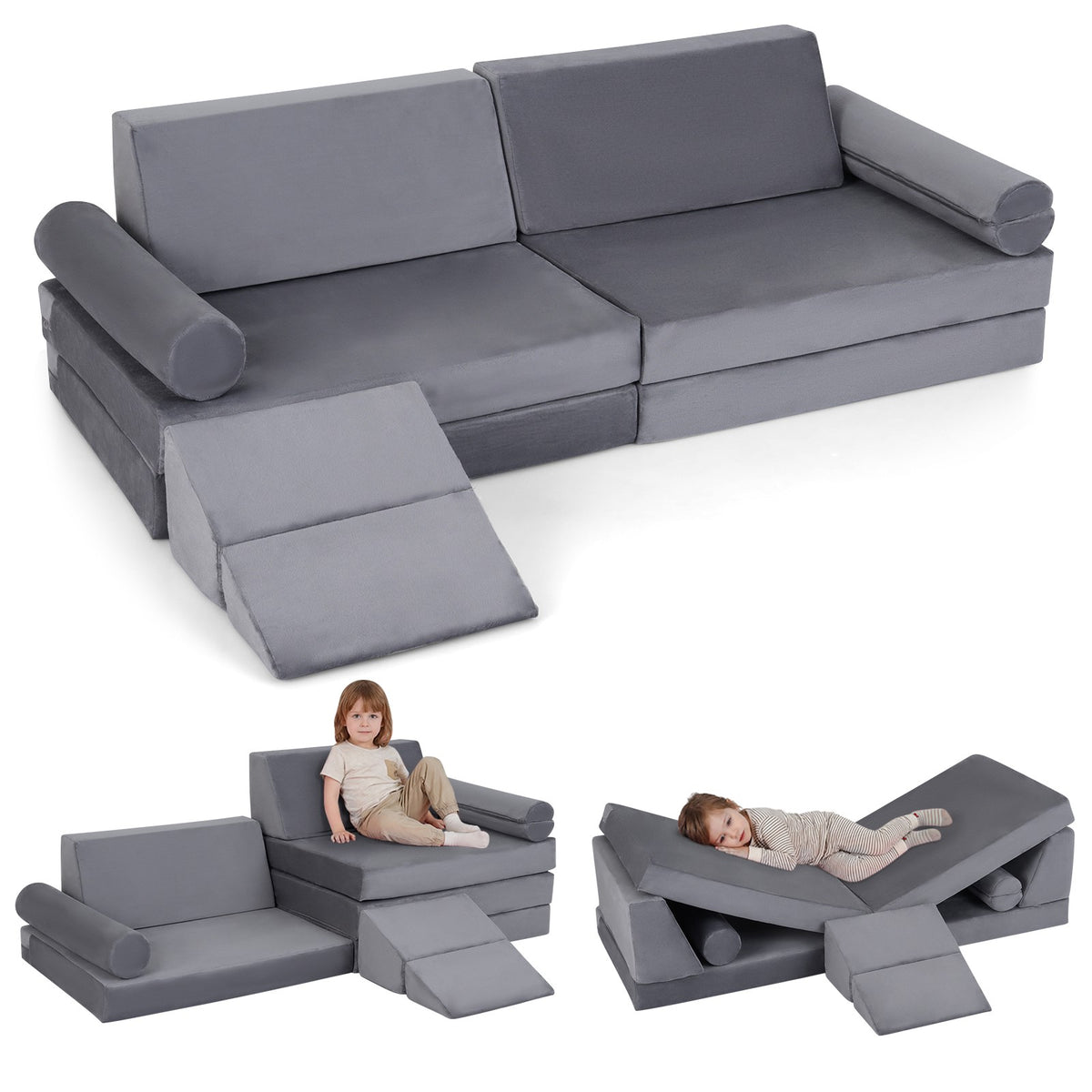 Kids Play Couch, 10-Piece Modular Foam Climber, Grey