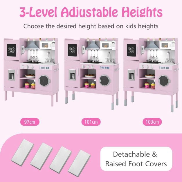 Kids Play Kitchen Set, Adjustable Height, 16 Pieces, Pink