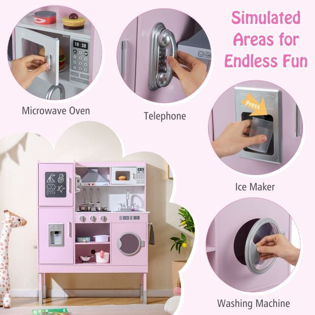 Kids Play Kitchen Set, Adjustable Height, 16 Pieces, Pink