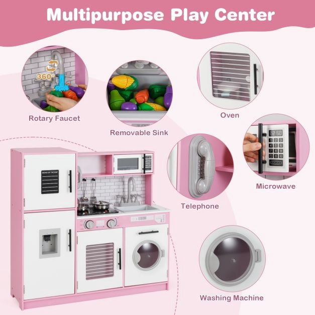 Kids Play Kitchen Set – Oven, Washing Machine, Lights, Pink