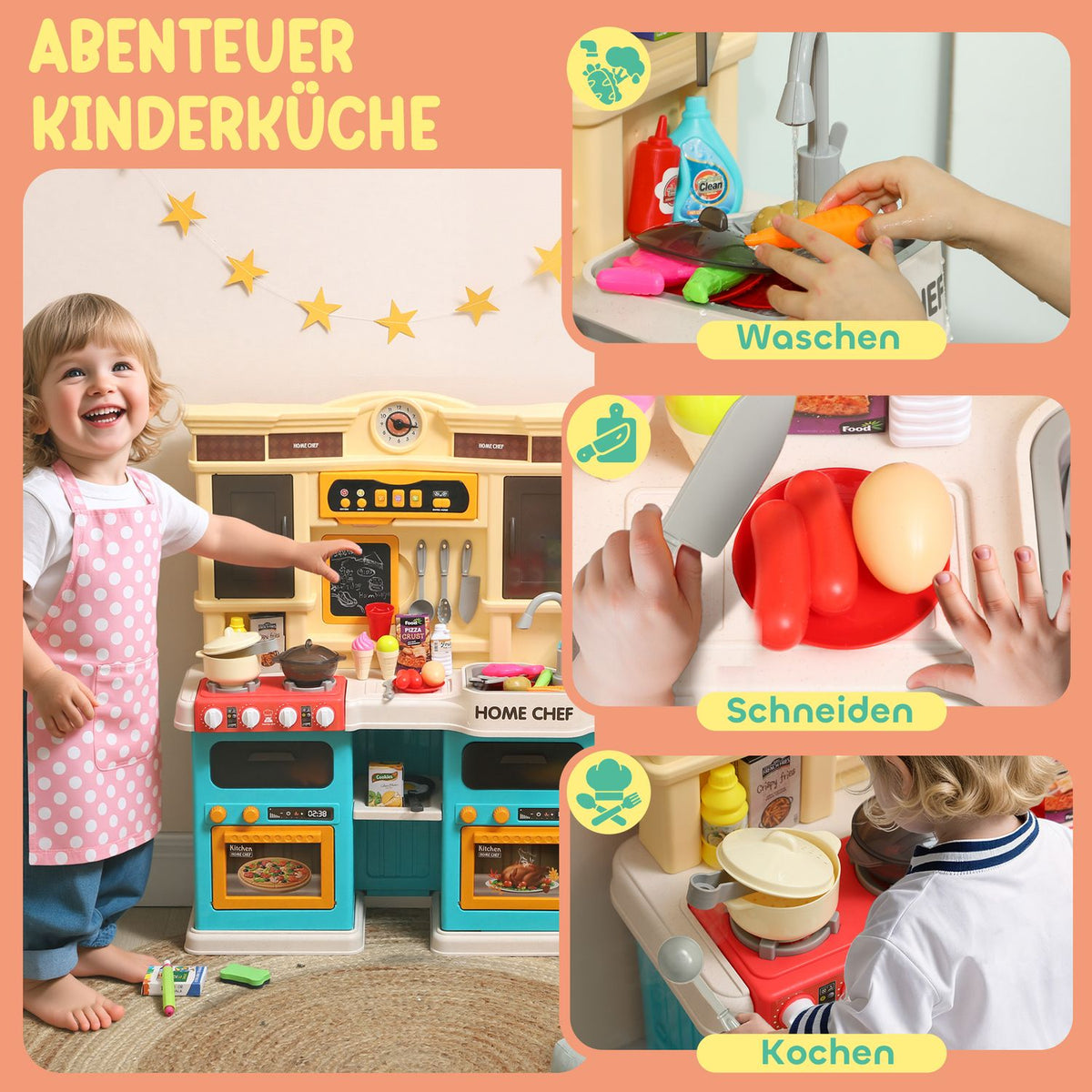 Kids Play Kitchen Set with Water, Lights, Sounds, 85 Pieces