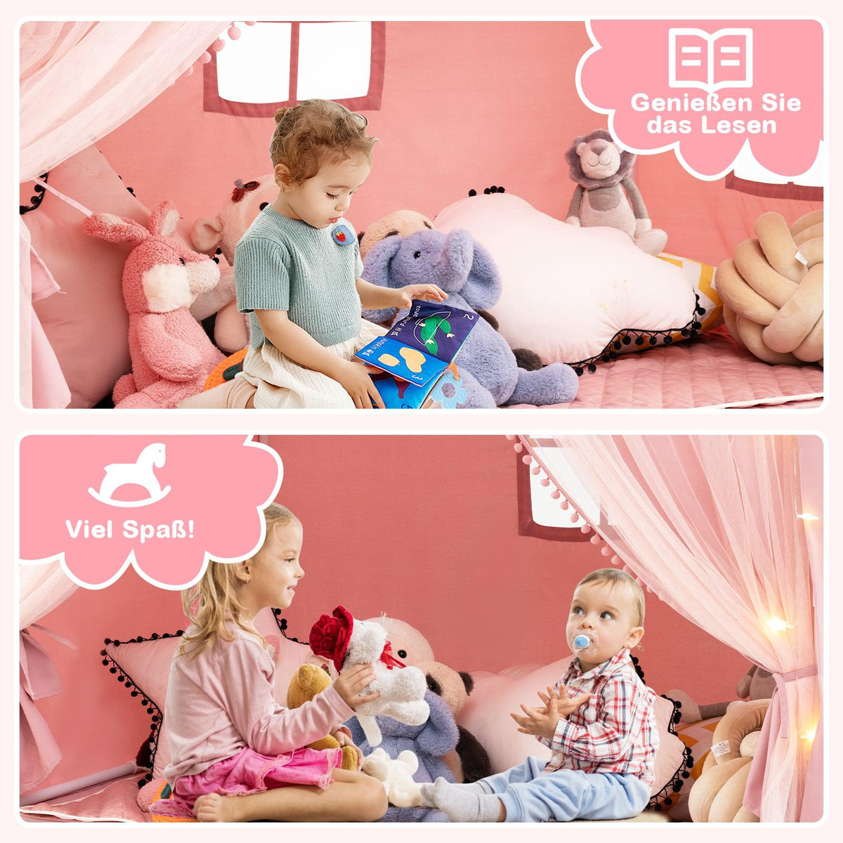Kids Play Tent with Curtains, Star Lights, Pink, Large