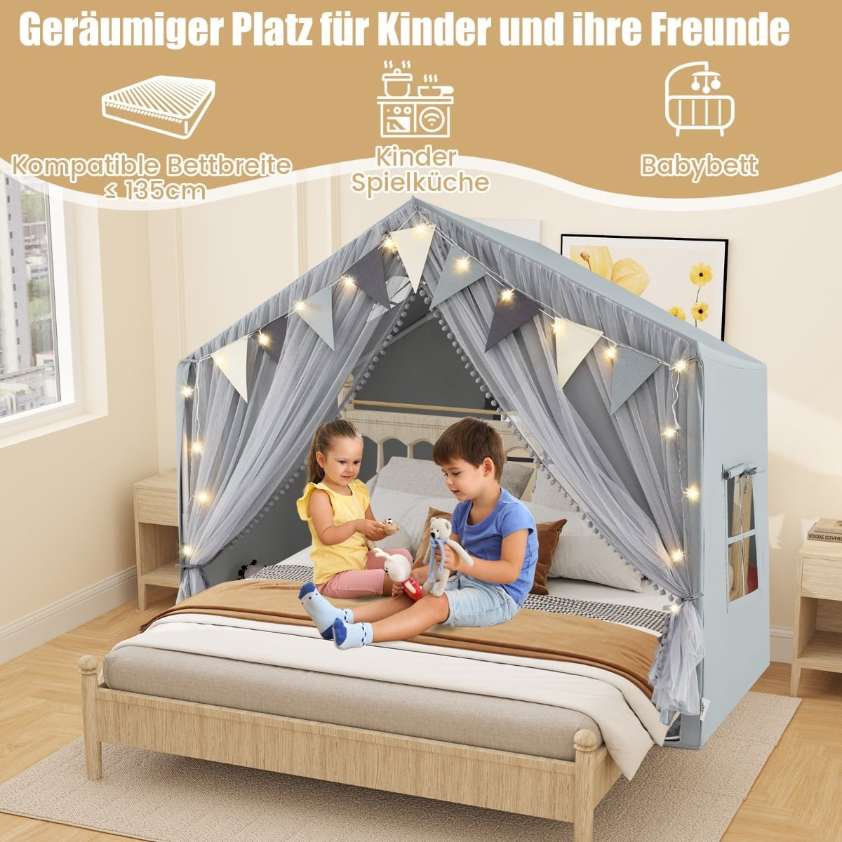 Kids Play Tent with Curtains, Star Lights, and Banners