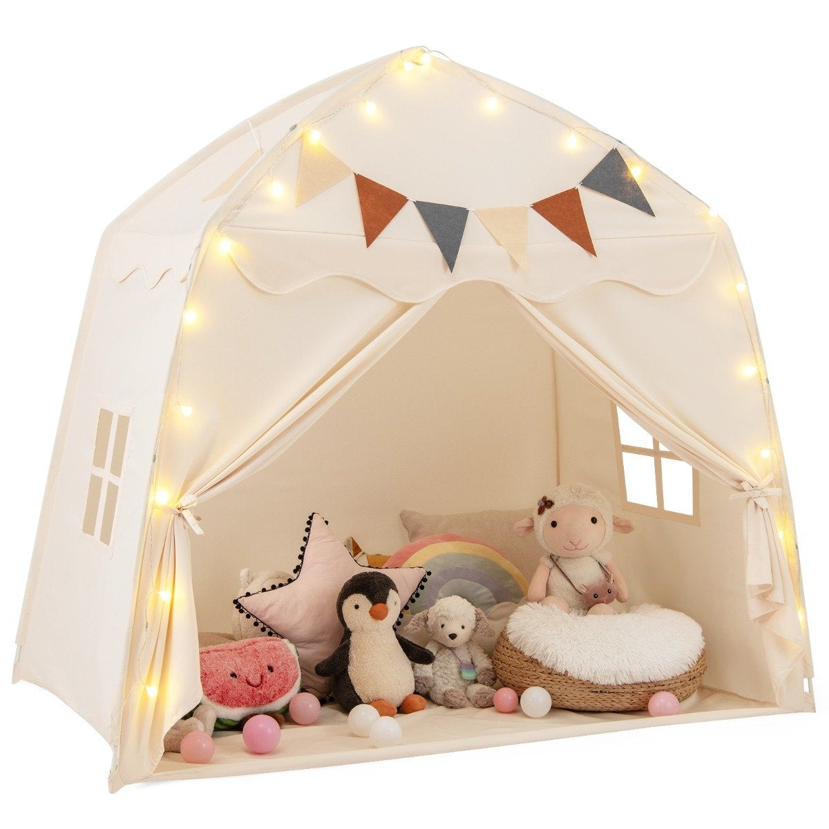 Kids Play Tent with Flags & Lights, Large Beige Playhouse